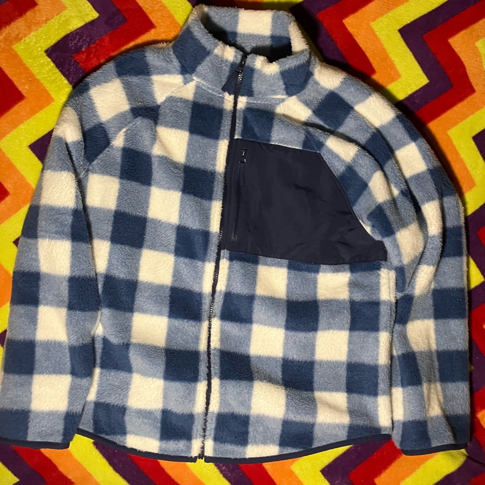 J. Crew Blue and White Checkered Teddy Jacket